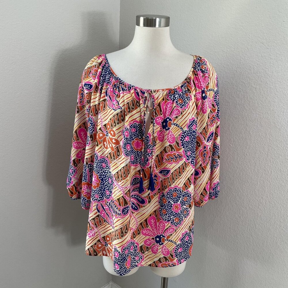 Trina Turk Blouse Womens Medium Pink Orange Blue Floral Silk Boho Peasant Top